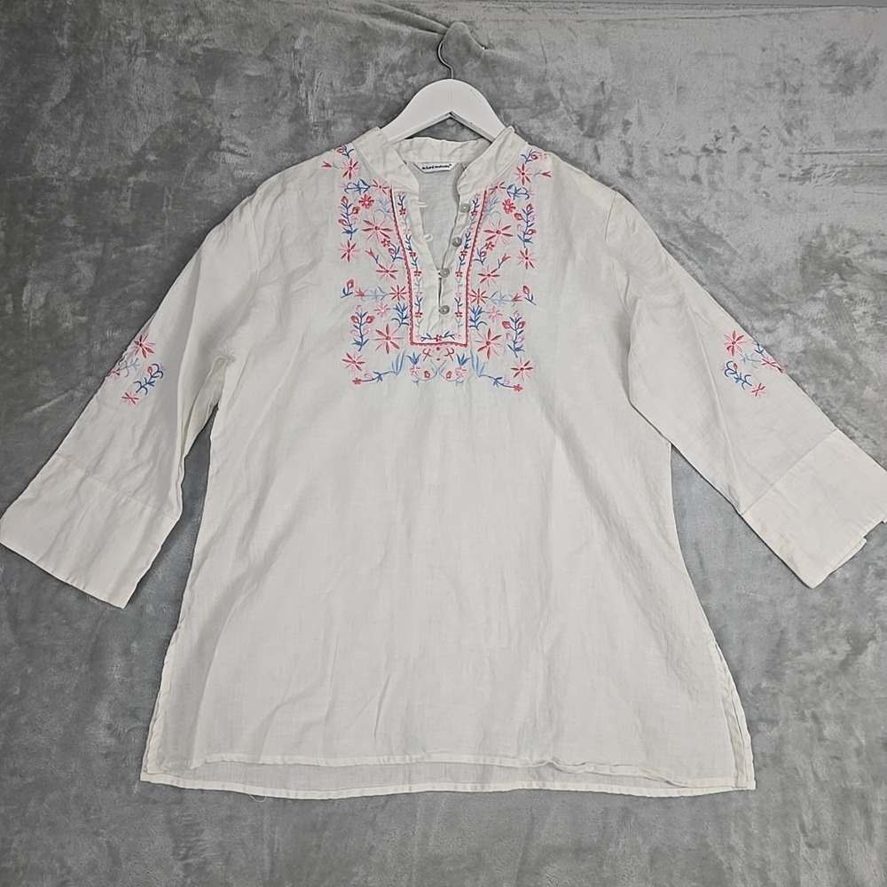 Richard Malcolm Womens Irish Linen Floral Embroidered Tunic Top Large White Boho